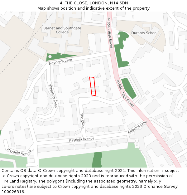 4, THE CLOSE, LONDON, N14 6DN: Location map and indicative extent of plot