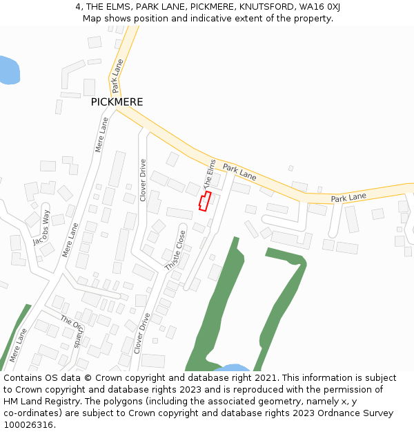4, THE ELMS, PARK LANE, PICKMERE, KNUTSFORD, WA16 0XJ: Location map and indicative extent of plot