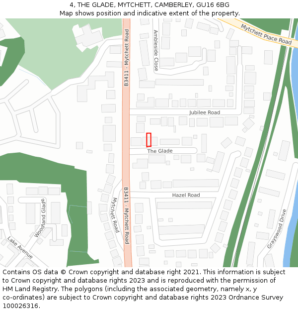 4, THE GLADE, MYTCHETT, CAMBERLEY, GU16 6BG: Location map and indicative extent of plot