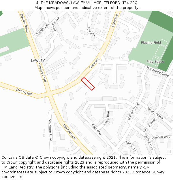 4, THE MEADOWS, LAWLEY VILLAGE, TELFORD, TF4 2PQ: Location map and indicative extent of plot