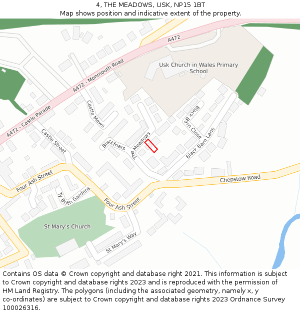 4, THE MEADOWS, USK, NP15 1BT: Location map and indicative extent of plot