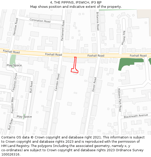 4, THE PIPPINS, IPSWICH, IP3 8JP: Location map and indicative extent of plot