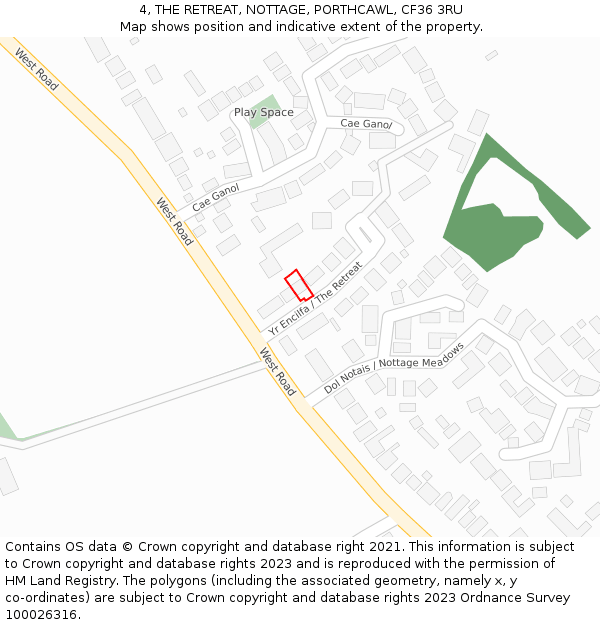 4, THE RETREAT, NOTTAGE, PORTHCAWL, CF36 3RU: Location map and indicative extent of plot