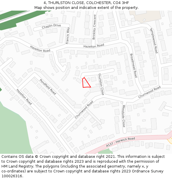 4, THURLSTON CLOSE, COLCHESTER, CO4 3HF: Location map and indicative extent of plot