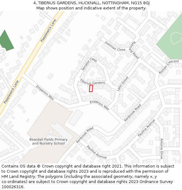 4, TIBERIUS GARDENS, HUCKNALL, NOTTINGHAM, NG15 8GJ: Location map and indicative extent of plot