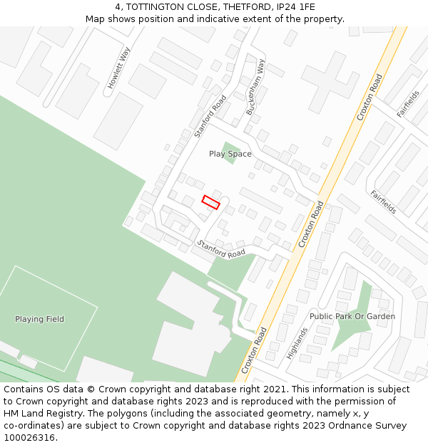 4, TOTTINGTON CLOSE, THETFORD, IP24 1FE: Location map and indicative extent of plot