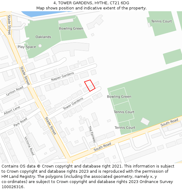 4, TOWER GARDENS, HYTHE, CT21 6DG: Location map and indicative extent of plot