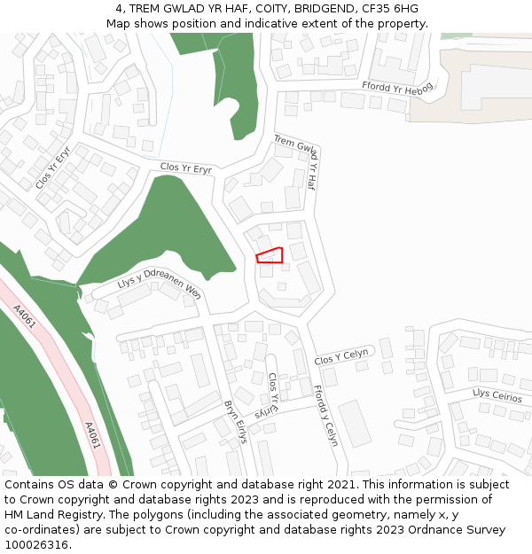4, TREM GWLAD YR HAF, COITY, BRIDGEND, CF35 6HG: Location map and indicative extent of plot