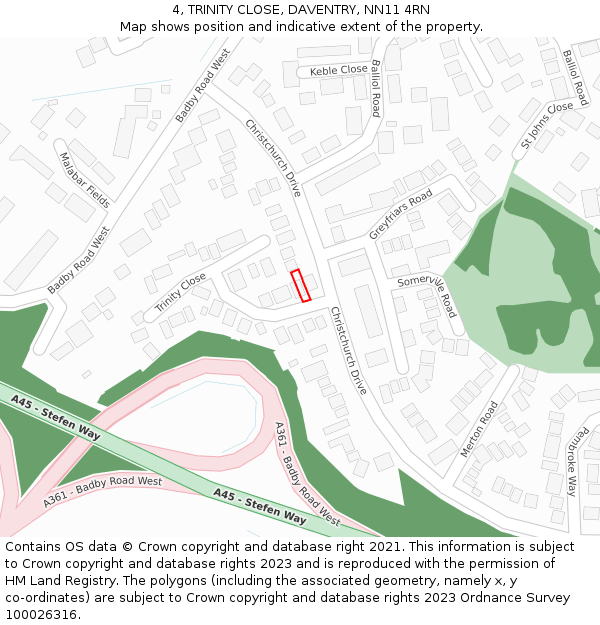 4, TRINITY CLOSE, DAVENTRY, NN11 4RN: Location map and indicative extent of plot