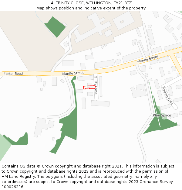 4, TRINITY CLOSE, WELLINGTON, TA21 8TZ: Location map and indicative extent of plot