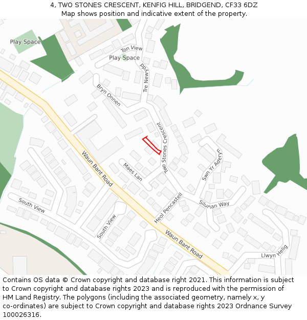 4, TWO STONES CRESCENT, KENFIG HILL, BRIDGEND, CF33 6DZ: Location map and indicative extent of plot