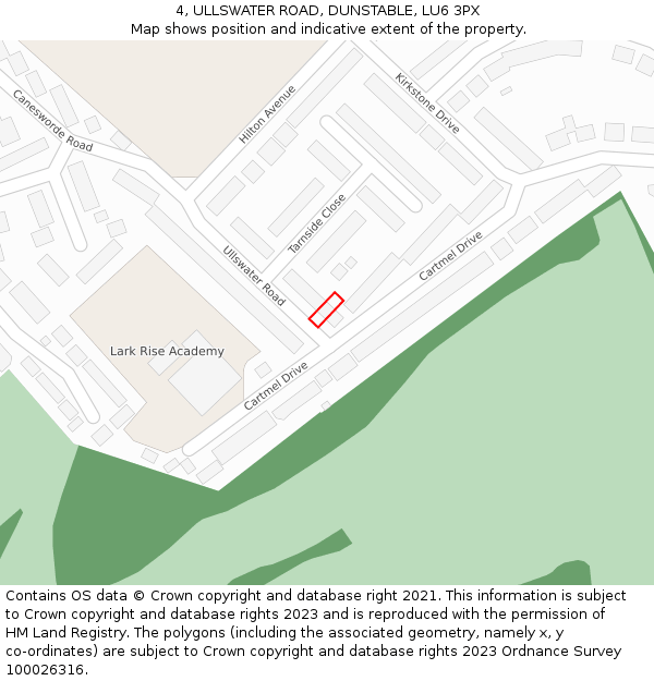 4, ULLSWATER ROAD, DUNSTABLE, LU6 3PX: Location map and indicative extent of plot