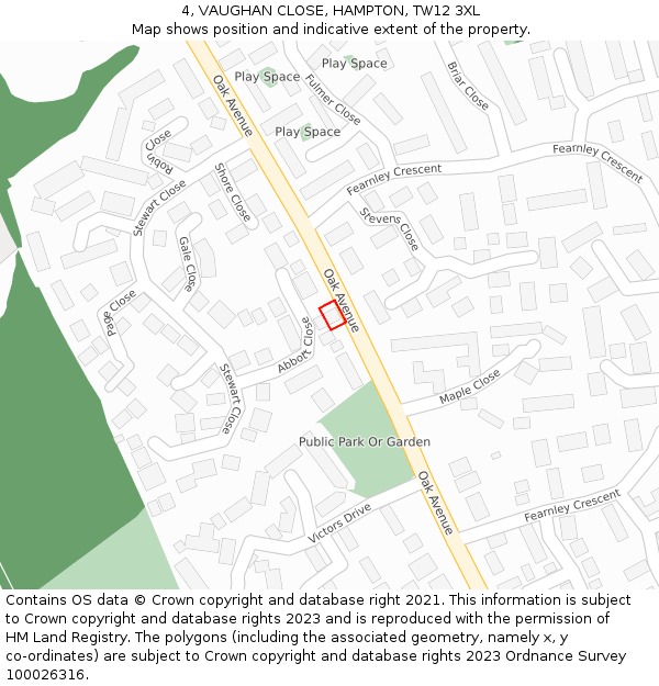 4, VAUGHAN CLOSE, HAMPTON, TW12 3XL: Location map and indicative extent of plot