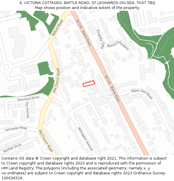 4, VICTORIA COTTAGES, BATTLE ROAD, ST LEONARDS-ON-SEA, TN37 7BQ: Location map and indicative extent of plot