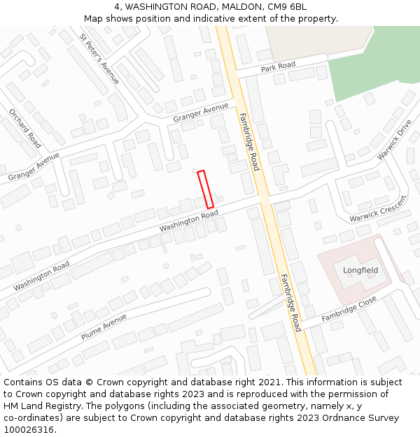 4, WASHINGTON ROAD, MALDON, CM9 6BL: Location map and indicative extent of plot