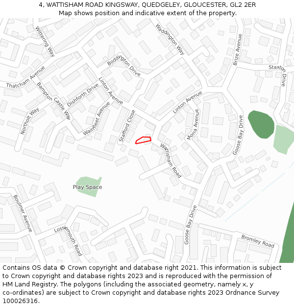 4, WATTISHAM ROAD KINGSWAY, QUEDGELEY, GLOUCESTER, GL2 2ER: Location map and indicative extent of plot