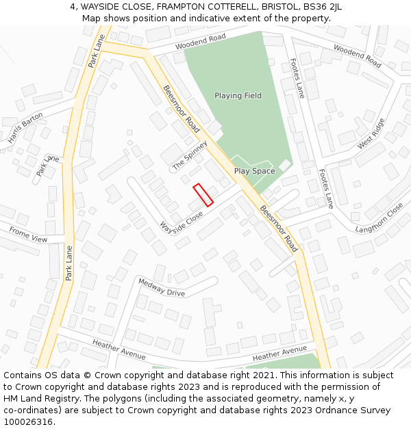 4, WAYSIDE CLOSE, FRAMPTON COTTERELL, BRISTOL, BS36 2JL: Location map and indicative extent of plot