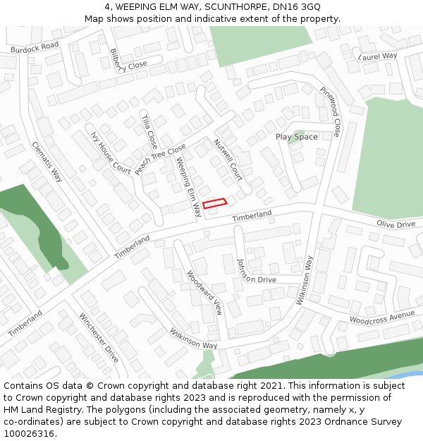 4, WEEPING ELM WAY, SCUNTHORPE, DN16 3GQ: Location map and indicative extent of plot