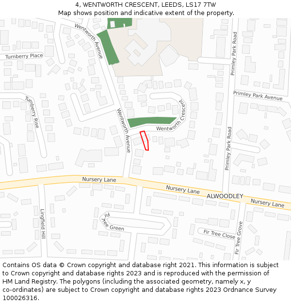 4, WENTWORTH CRESCENT, LEEDS, LS17 7TW: Location map and indicative extent of plot