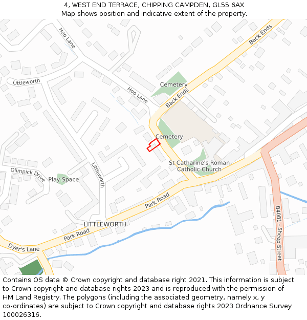 4, WEST END TERRACE, CHIPPING CAMPDEN, GL55 6AX: Location map and indicative extent of plot
