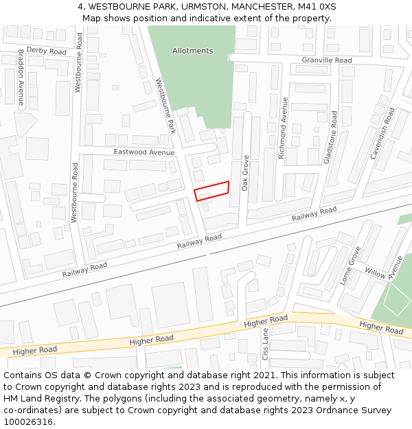 4, WESTBOURNE PARK, URMSTON, MANCHESTER, M41 0XS: Location map and indicative extent of plot