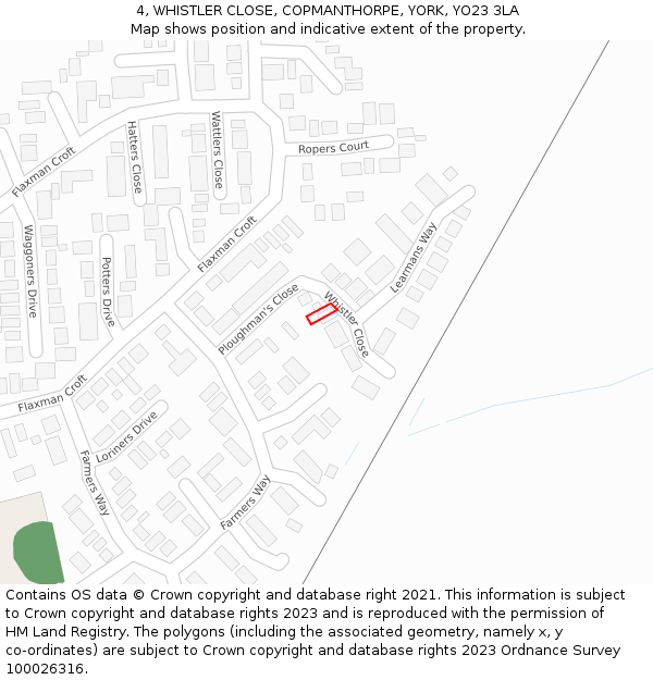 4, WHISTLER CLOSE, COPMANTHORPE, YORK, YO23 3LA: Location map and indicative extent of plot