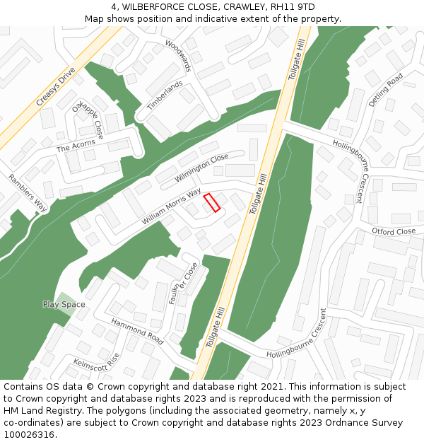 4, WILBERFORCE CLOSE, CRAWLEY, RH11 9TD: Location map and indicative extent of plot