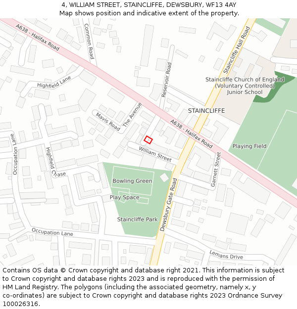 4, WILLIAM STREET, STAINCLIFFE, DEWSBURY, WF13 4AY: Location map and indicative extent of plot