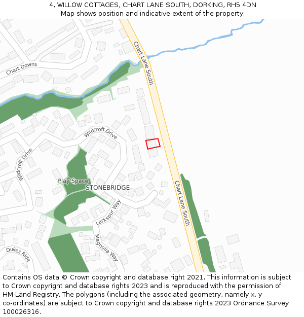 4, WILLOW COTTAGES, CHART LANE SOUTH, DORKING, RH5 4DN: Location map and indicative extent of plot