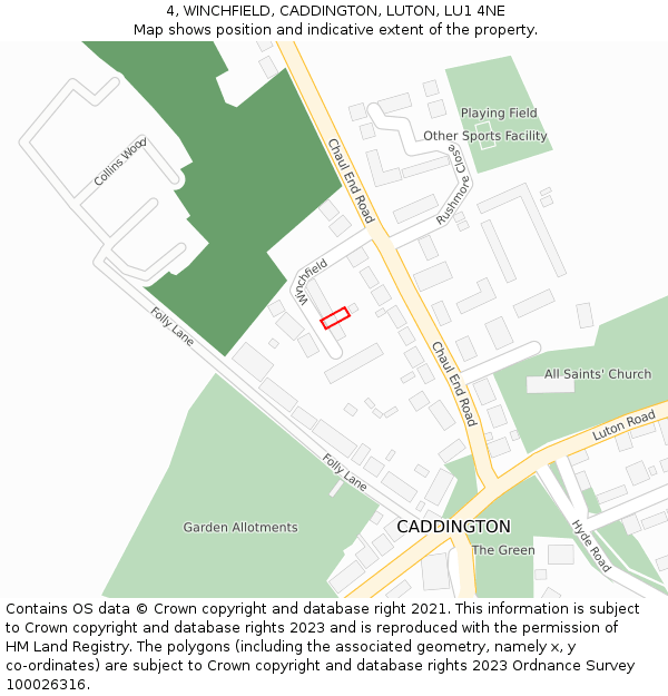 4, WINCHFIELD, CADDINGTON, LUTON, LU1 4NE: Location map and indicative extent of plot