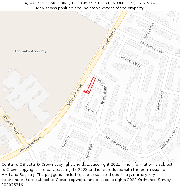 4, WOLSINGHAM DRIVE, THORNABY, STOCKTON-ON-TEES, TS17 9DW: Location map and indicative extent of plot