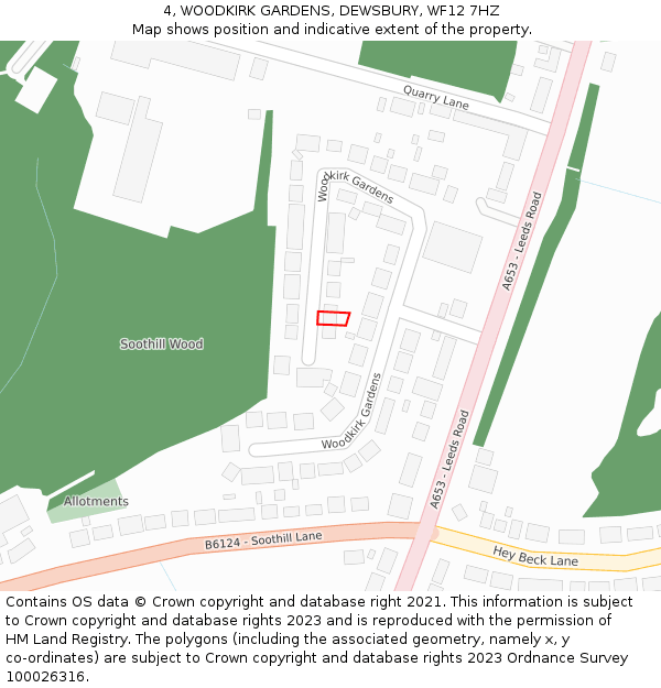 4, WOODKIRK GARDENS, DEWSBURY, WF12 7HZ: Location map and indicative extent of plot