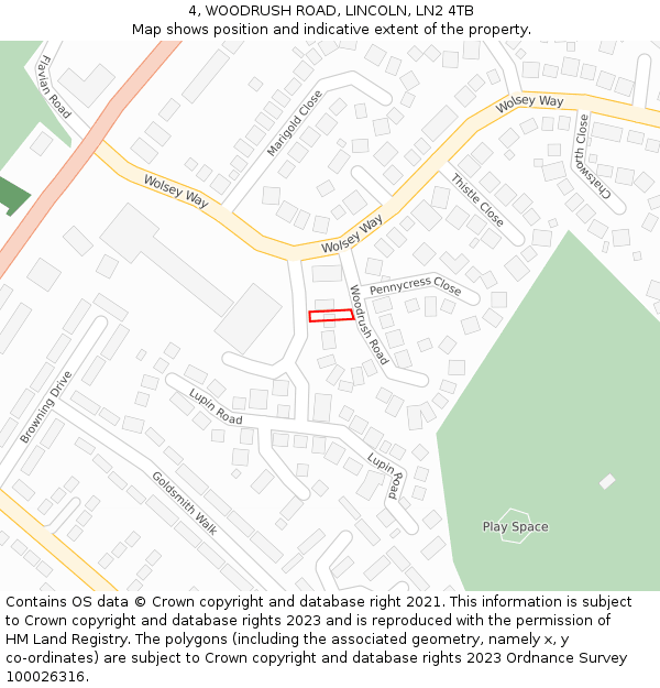 4, WOODRUSH ROAD, LINCOLN, LN2 4TB: Location map and indicative extent of plot