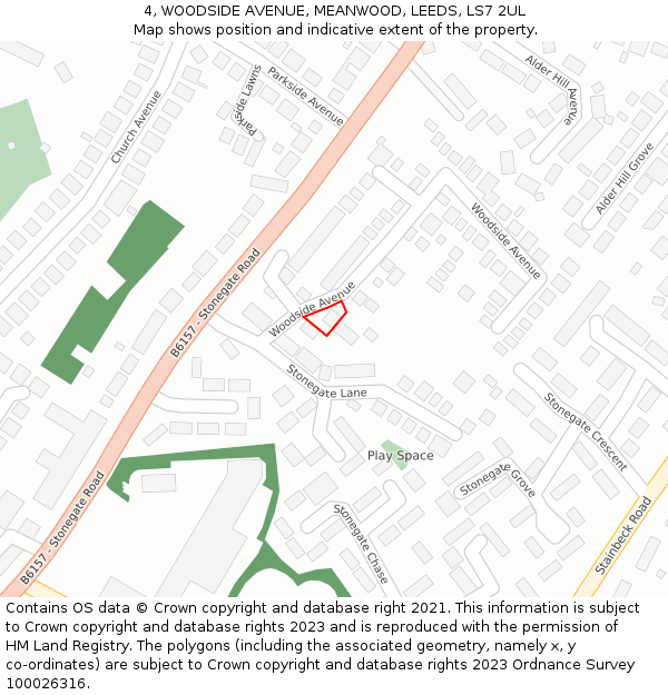 4, WOODSIDE AVENUE, MEANWOOD, LEEDS, LS7 2UL: Location map and indicative extent of plot