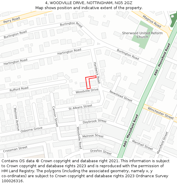 4, WOODVILLE DRIVE, NOTTINGHAM, NG5 2GZ: Location map and indicative extent of plot