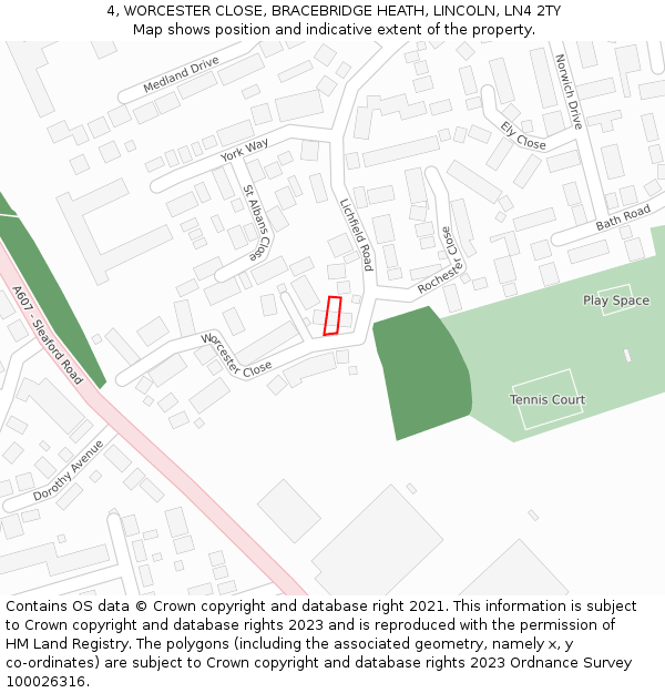 4, WORCESTER CLOSE, BRACEBRIDGE HEATH, LINCOLN, LN4 2TY: Location map and indicative extent of plot