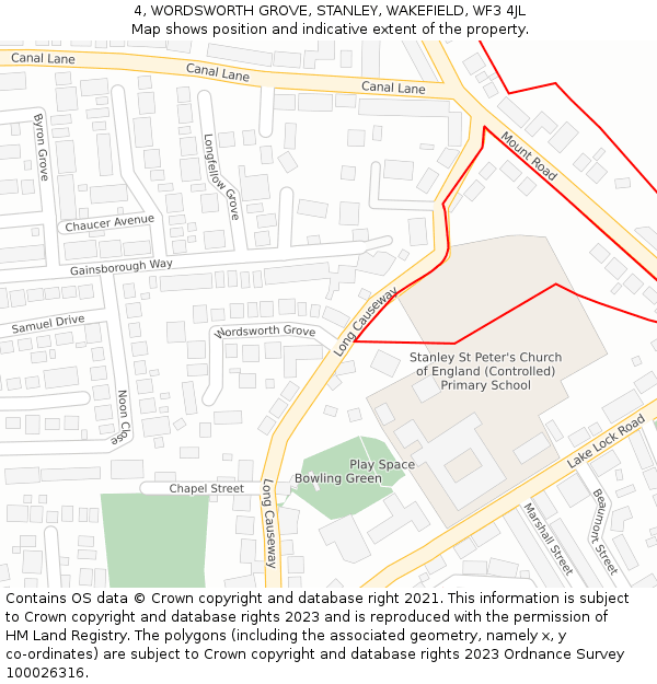 4, WORDSWORTH GROVE, STANLEY, WAKEFIELD, WF3 4JL: Location map and indicative extent of plot