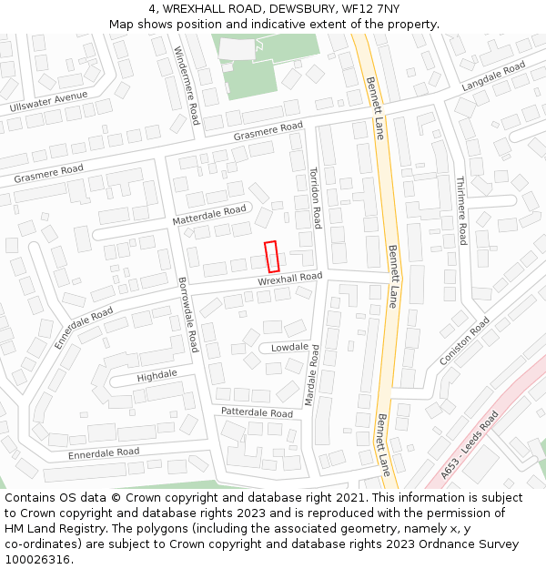 4, WREXHALL ROAD, DEWSBURY, WF12 7NY: Location map and indicative extent of plot