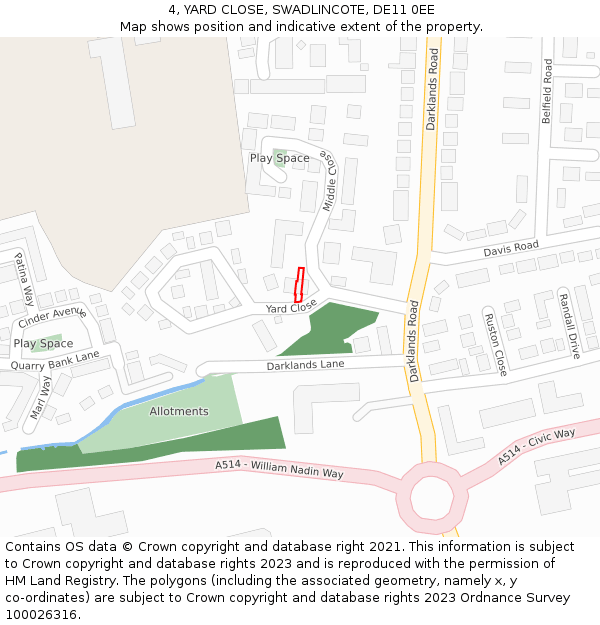 4, YARD CLOSE, SWADLINCOTE, DE11 0EE: Location map and indicative extent of plot