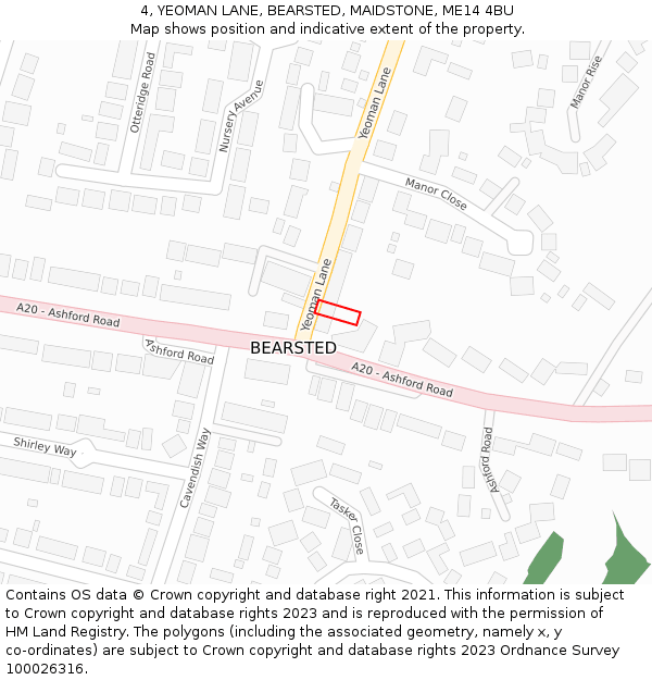 4, YEOMAN LANE, BEARSTED, MAIDSTONE, ME14 4BU: Location map and indicative extent of plot