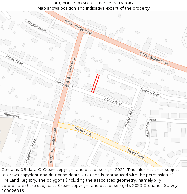 40, ABBEY ROAD, CHERTSEY, KT16 8NG: Location map and indicative extent of plot