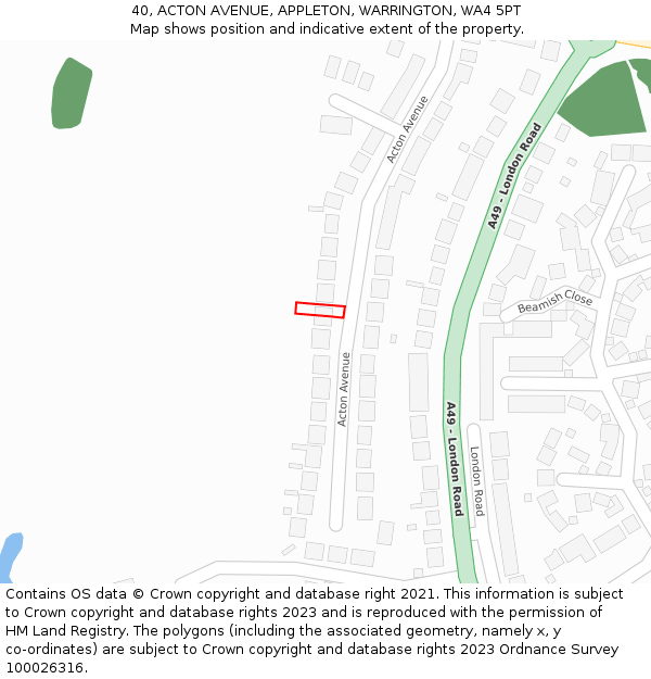 40, ACTON AVENUE, APPLETON, WARRINGTON, WA4 5PT: Location map and indicative extent of plot