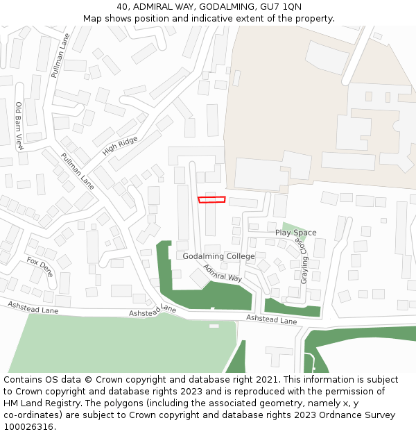 40, ADMIRAL WAY, GODALMING, GU7 1QN: Location map and indicative extent of plot