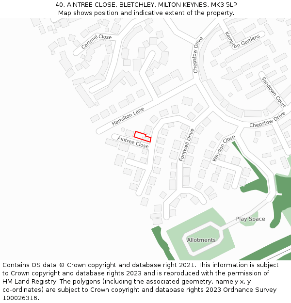 40, AINTREE CLOSE, BLETCHLEY, MILTON KEYNES, MK3 5LP: Location map and indicative extent of plot