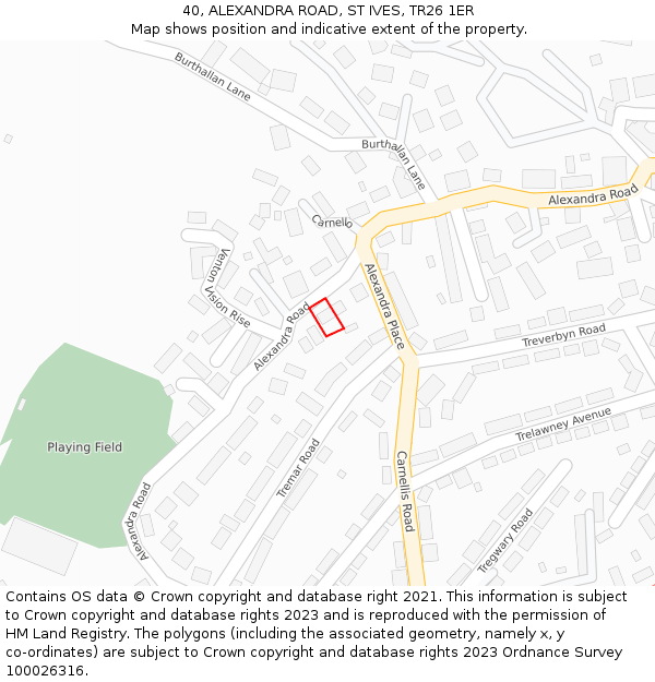 40, ALEXANDRA ROAD, ST IVES, TR26 1ER: Location map and indicative extent of plot