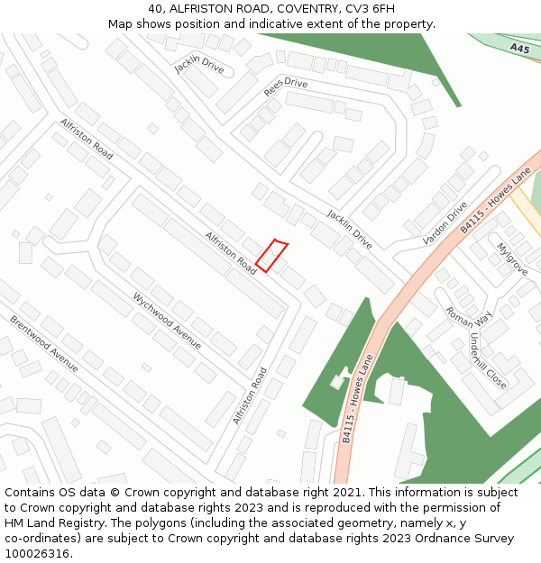 40, ALFRISTON ROAD, COVENTRY, CV3 6FH: Location map and indicative extent of plot