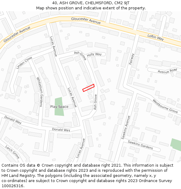 40, ASH GROVE, CHELMSFORD, CM2 9JT: Location map and indicative extent of plot