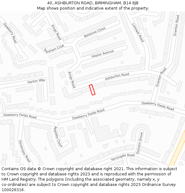 40, ASHBURTON ROAD, BIRMINGHAM, B14 6JB: Location map and indicative extent of plot