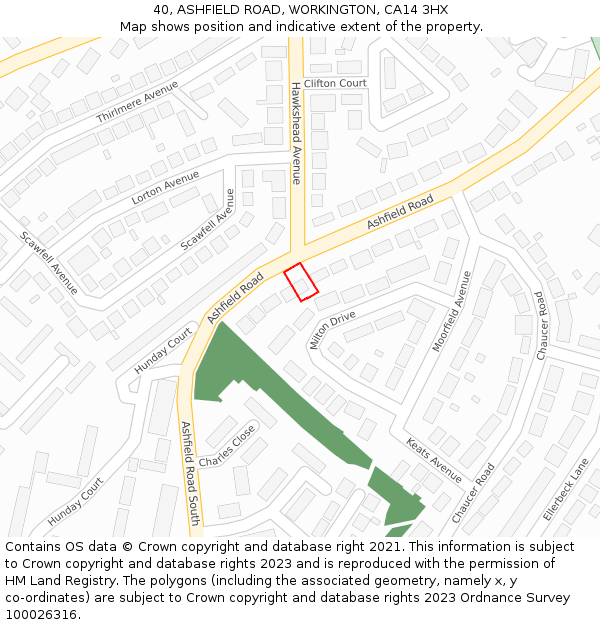 40, ASHFIELD ROAD, WORKINGTON, CA14 3HX: Location map and indicative extent of plot