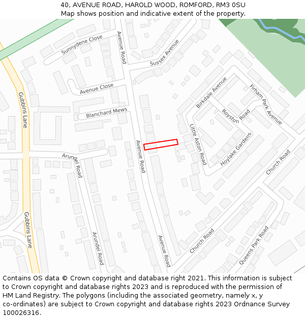 40, AVENUE ROAD, HAROLD WOOD, ROMFORD, RM3 0SU: Location map and indicative extent of plot
